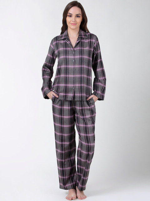 

ADORENITE Women Grey & Pink Checked Night Suit