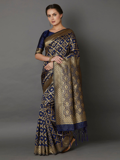 

Mitera Navy Blue & Gold-Coloured Silk Blend Woven Design Banarasi Saree