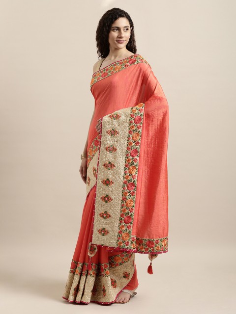 

Mitera Peach-Coloured & Cream-Coloured Poly Silk Embroidered Saree