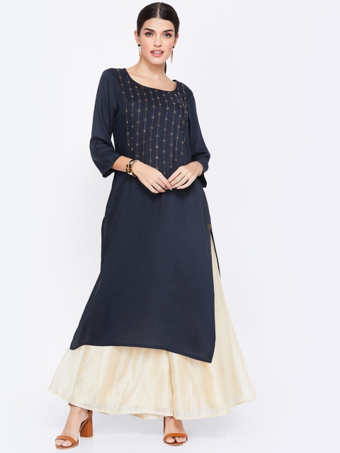 

Melange by Lifestyle Women Navy Blue Embellished Straight Kurta