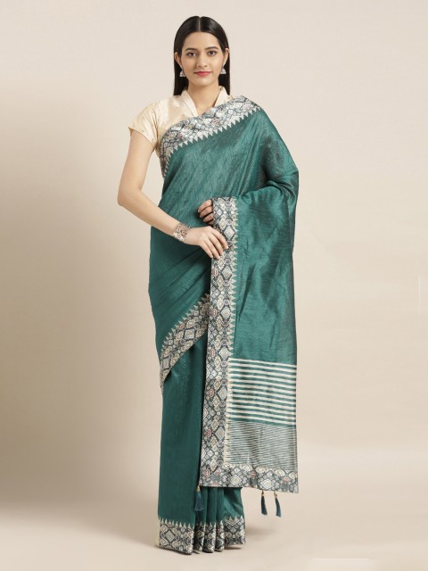 

Mitera Green & Beige Jute Silk Solid Saree