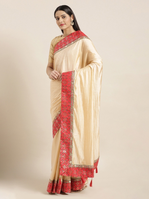 

Mitera Beige & Peach-Coloured Checked Poly Silk Saree