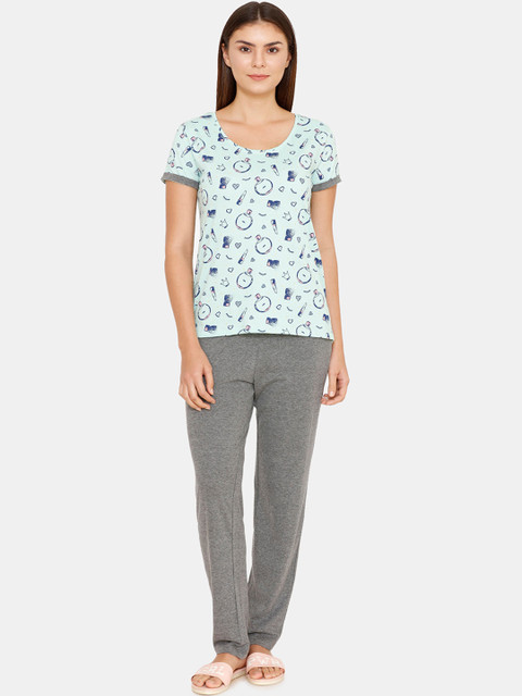 

Zivame Women Blue & Grey Printed Night suit