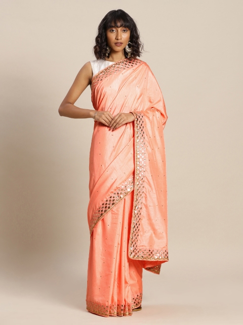 

Mitera Peach-Coloured Solid Poly Silk Saree
