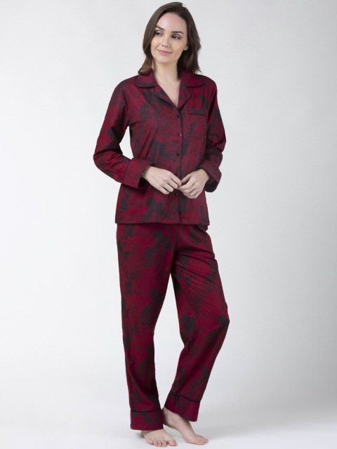 

ADORENITE Women Red & Black Floral Printed Shirt and Pyjama Night suit