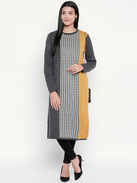 

RANGMANCH BY PANTALOONS Women Mustard Yellow & Black Woven Design Straight Kurta