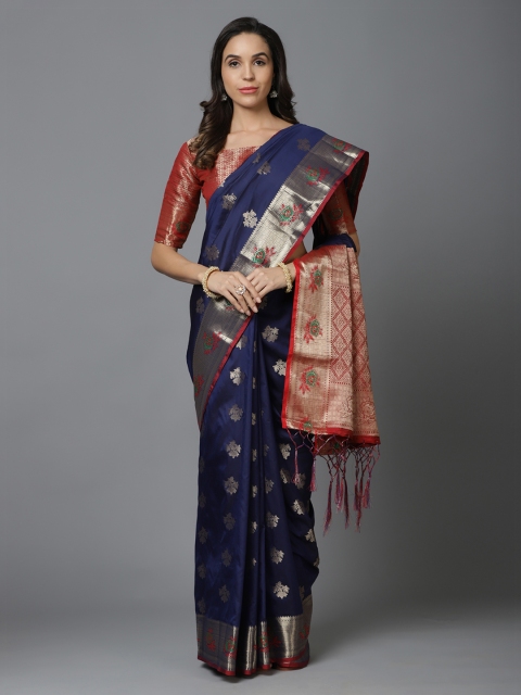 

Mitera Navy Blue & Red Silk Blend Woven Design Banarasi Saree