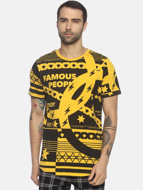 

KULTPRIT Men Yellow & Black Printed Round Neck T-shirt