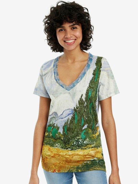 

Desigual Women Blue Printed V-Neck T-shirt