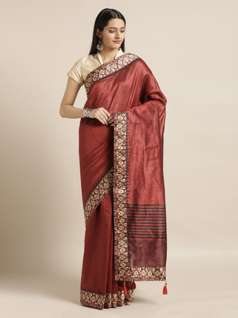 

Mitera Maroon Solid Jute Silk Saree