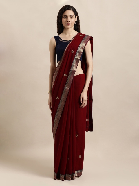 

Mitera Maroon & Gold-Toned Poly Chiffon Embroidered Saree
