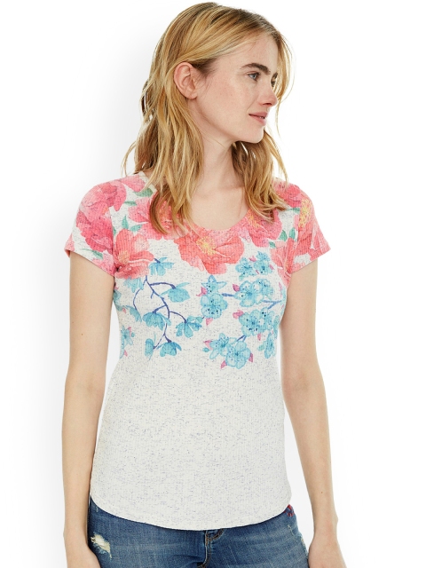 

Desigual Women White Printed Scoop Neck T-shirt