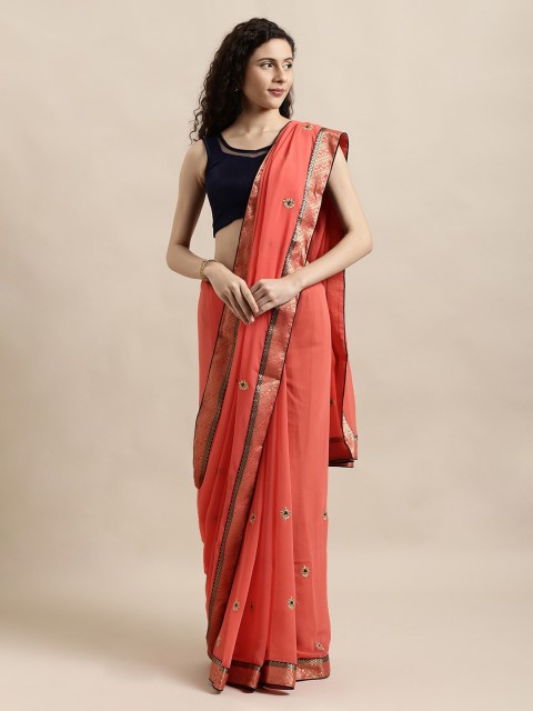 

Mitera Peach-Coloured & Gold-Coloured Poly Chiffon Embroidered Saree