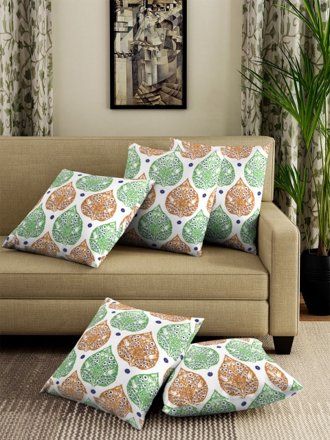 

NEUDIS Set of 5 Green & White Printed Square Cushion Covers