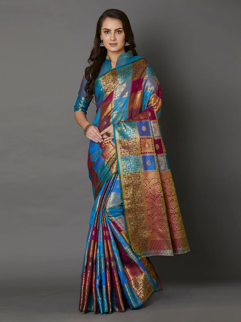 

Mitera Blue & Magenta Silk Blend Woven Design Banarasi Saree