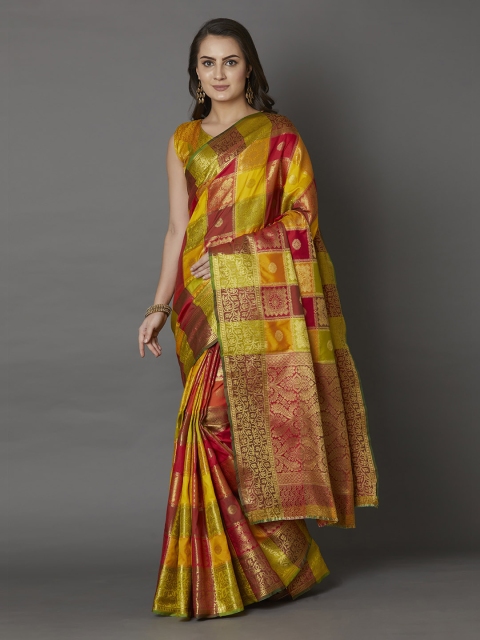 

Mitera Yellow & Red Silk Blend Woven Design Banarasi Saree