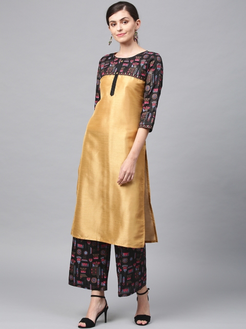 

ZIYAA Women Gold-Toned & Black Foil Printed Straight Kurta