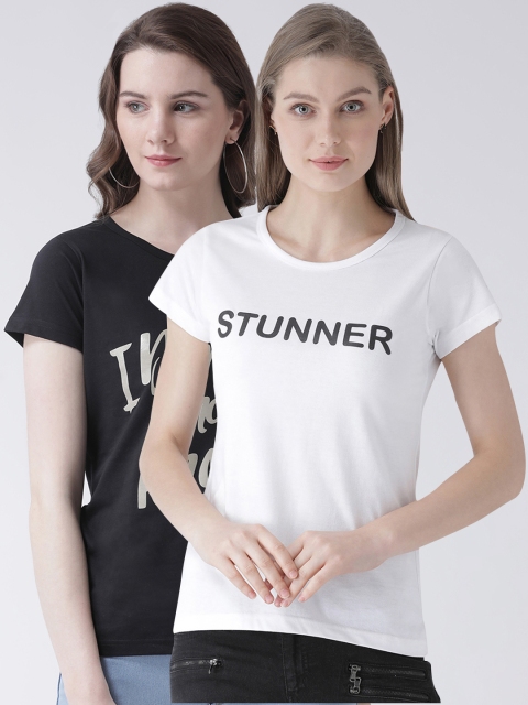 

GRIFFEL Women Pack of Two White & Black Printed Round Neck T-shirt