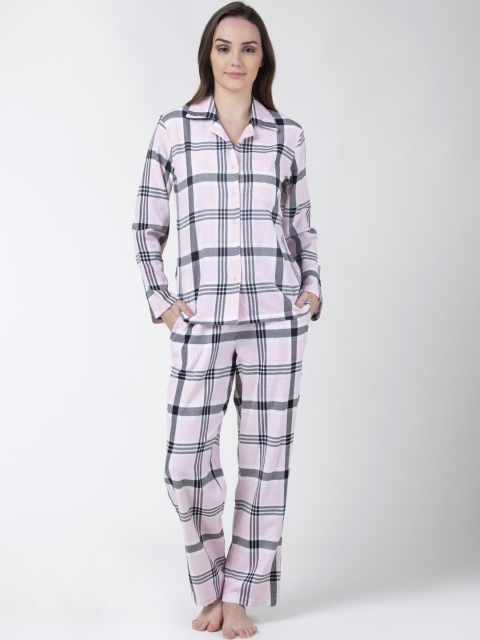 

ADORENITE Women Pink & Black Checked Night Suit