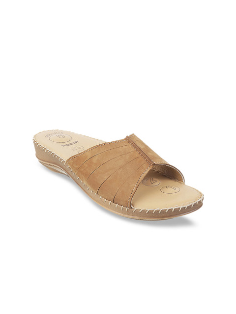 

Mochi Women Beige Solid Leather Open Toe Flats