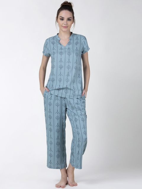 

ADORENITE Women Blue Abstract Printed Night suit