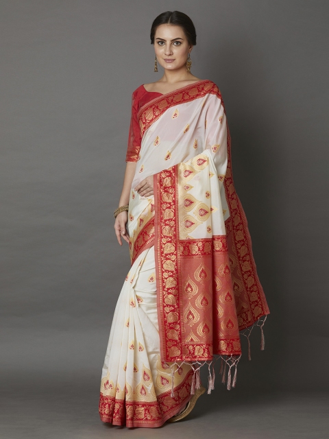 

Mitera White & Red Silk Blend Printed Kasavu Saree