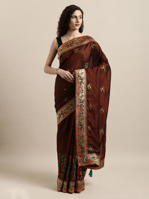 

Mitera Coffee Brown Embroidered Poly Silk Saree