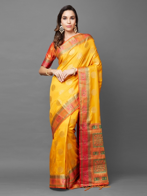 

Mitera Yellow & Red Silk Blend Woven Design Banarasi Saree