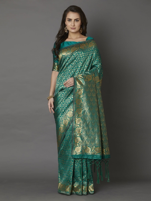 

Mitera Teal Green & Gold-Coloured Silk Blend Woven Design Banarasi Saree