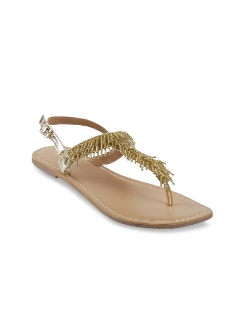 

Mochi Women Gold-Toned Embellished T-Strap Flats