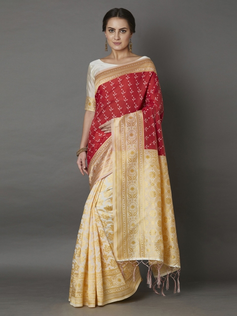 

Mitera White & Red Silk Blend Printed Kasavu Saree