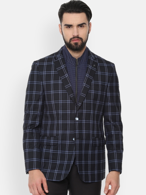

Van Heusen Men Black & Blue Checked Slim-Fit Single-Breasted Blazer