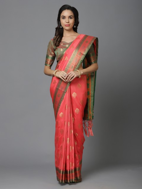 

Mitera Pink & Green Silk Blend Woven Design Banarasi Saree