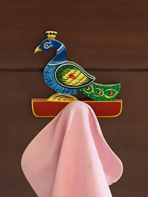 

ExclusiveLane Blue & Green The Peacock Rack Hand-Painted Chilbil Wooden Towel Holder, Red