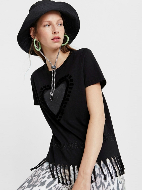 

Desigual Women Black Printed Round Neck T-shirt