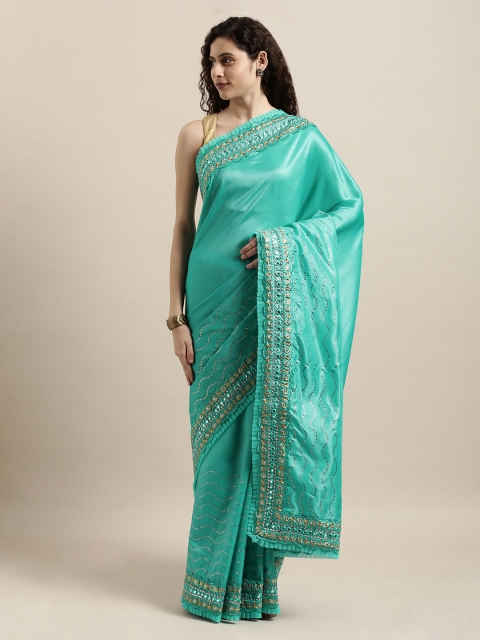 

Mitera Turquoise Blue & Gold-Coloured Poly Silk Embroidered Saree