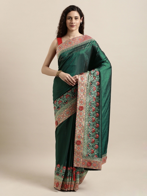 

Mitera Green & Coral Poly Silk Embroidered Saree