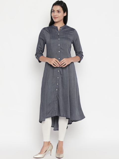 

RANGMANCH BY PANTALOONS Women Navy Blue Striped A-Line Kurta