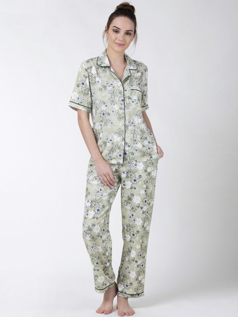 

ADORENITE Women Olive Green & White Floral Printed Night Suit
