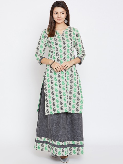 

AgrohA Women Green & Charcoal Grey Printed Kurta with Skirt