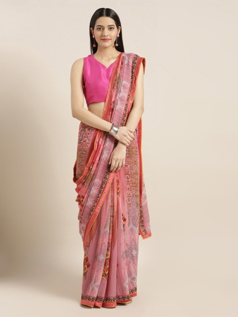

Mitera Pink & Olive Green Poly Georgette Printed Saree