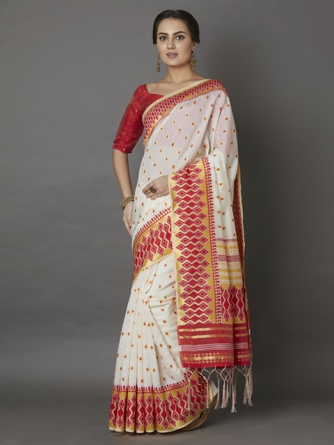 

Mitera White & Red Silk Blend Printed Kasavu Saree