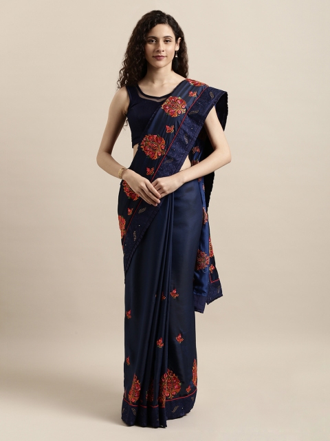

Mitera Navy Blue Embroidered Poly Silk Saree