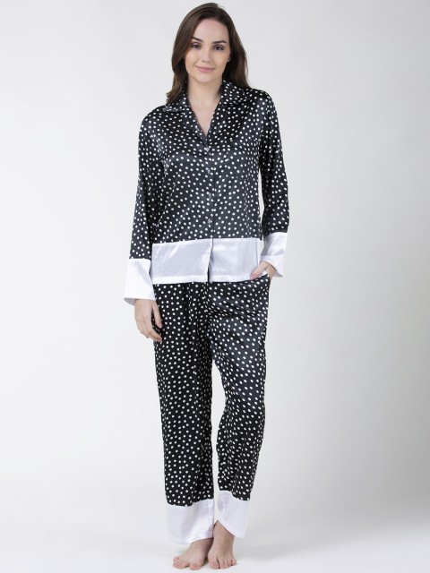 

ADORENITE Women Black & White Polka Dots Printed Satin Night Suit