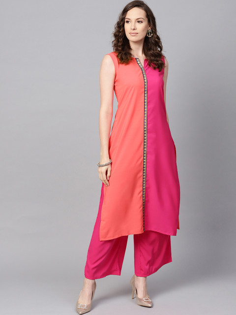 

ZIYAA Women Pink & Orange Colourblocked Straight Kurta