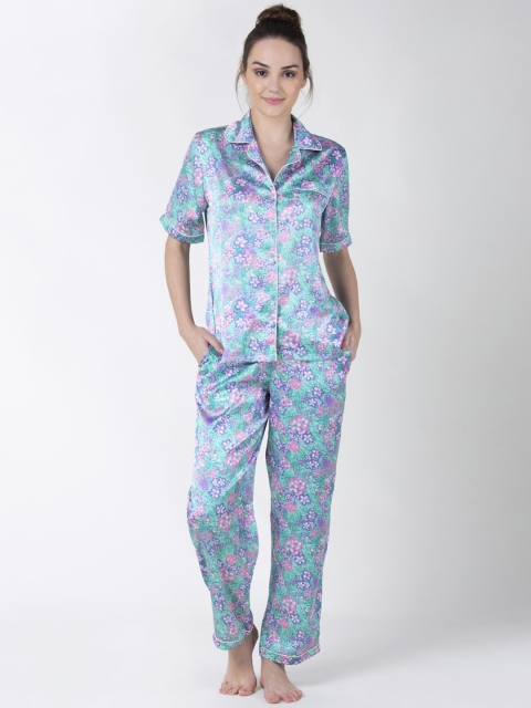 

ADORENITE Women Sea Green Printed Night suit