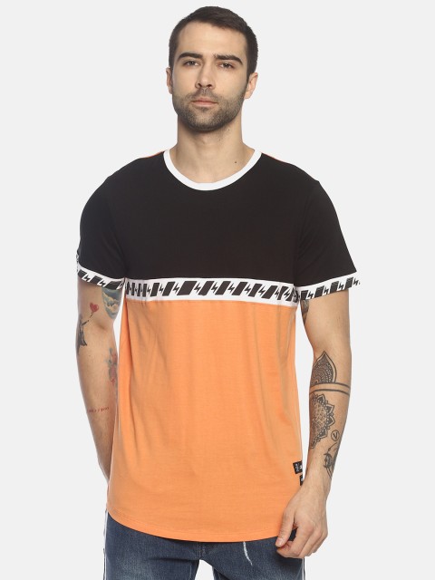 

KULTPRIT Men Peach-Coloured & Black Colourblocked Round Neck Slim Fit T-shirt