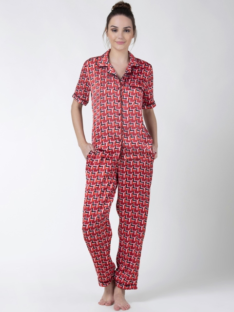 

ADORENITE Women Red Printed Shirt and Pyjama Night suit