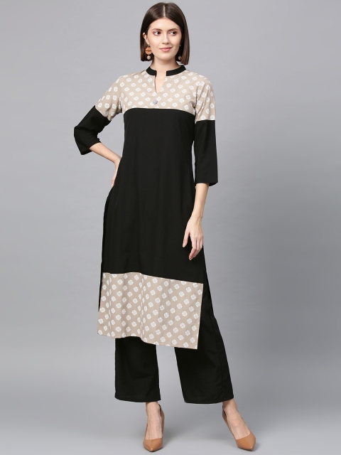 

ZIYAA Women Black & Beige Printed Straight Kurta