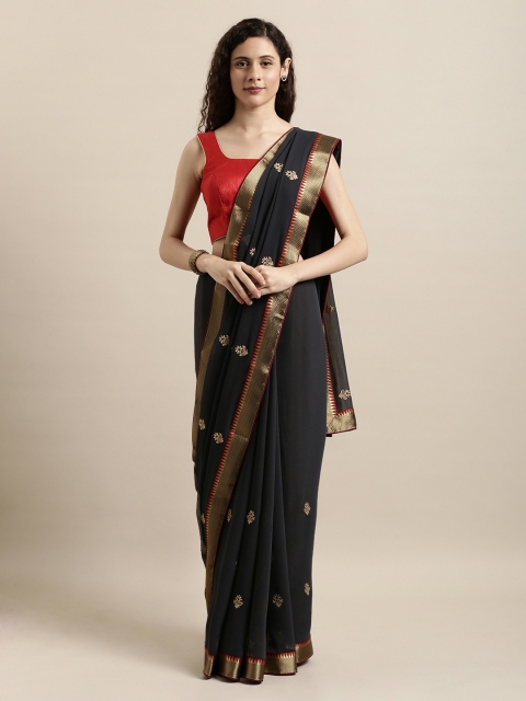 

Mitera Black & Gold-Toned Embroidered Poly Chiffon Saree
